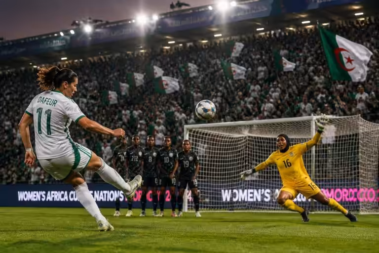 découvrez le but spectaculaire de marine dafeur lors du tournoi, un coup franc somptueux qui offre à l’algérie une place méritée en quarts de finale.